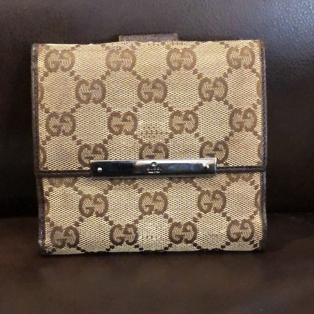 GUCCI GG Trifold Canvas Jacquard Wallet Brown Leather Coin Purse Credit Cards